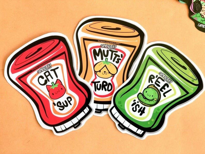 Catsup, Ketchup Mustard Relish - Stickers & Badges - Punny Condiments