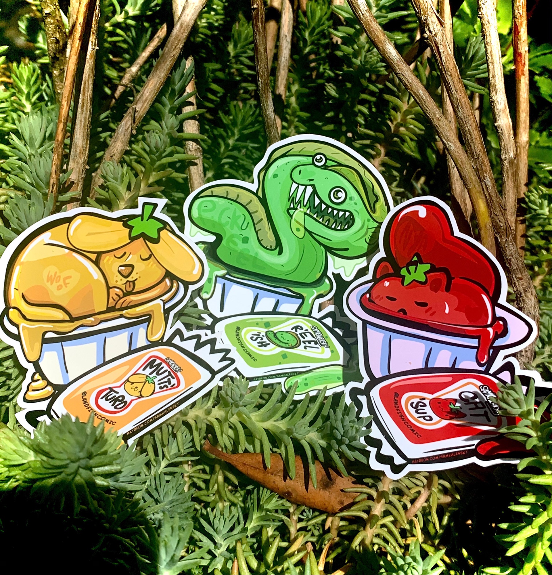 Catsup, Ketchup Mustard Relish - Stickers & Badges - Punny Condiments